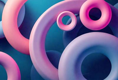 The primary subject of the image is a large, pink, purple, and blue spiral. The spiral is the main object, scene, or focus of the image. The setting or background is a blue surface, which provides a contrasting backdrop for the spiral. The visual style of the image is digital art, as it appears to be a computer-generated or digitally-created piece. The dominant colors in the image are pink, purple, and blue, creating a vibrant and lively atmosphere.