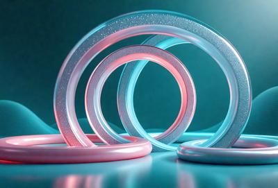The primary subject of the image is a group of three pink and one blue ring-shaped objects, which are likely made of plastic. They are placed on a blue surface, which serves as the setting or background. The visual style of the image is a close-up, showcasing the rings' details. The colors and mood of the image are predominantly pink and blue, giving it a cheerful and vibrant atmosphere.