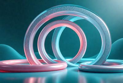 The primary subject of the image is a group of three pink and one blue ring-shaped objects, which are likely made of plastic. They are placed on a blue surface, which serves as the setting or background. The visual style of the image is a close-up of the rings, showcasing their colors and textures. The overall atmosphere of the image is bright and cheerful, with the vibrant colors of the rings creating a lively and playful mood.