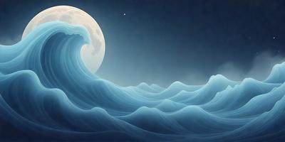The primary subject of the image is a large wave in the ocean, with a moon visible in the background. The setting is a nighttime scene, and the visual style appears to be a digital art or illustration. The dominant colors in the image are blue and white, creating a serene and peaceful atmosphere.