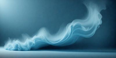 The primary subject of the image is a blue smoke or mist, which appears to be floating or billowing in the air. The setting is a dark blue background, which contrasts with the smoke, creating a striking visual effect. The visual style of the image is a combination of photo and digital art, as it captures the movement and texture of the smoke while maintaining a clean and modern appearance. The colors and mood of the image are predominantly dark and moody, with the blue smoke serving as the focal point and