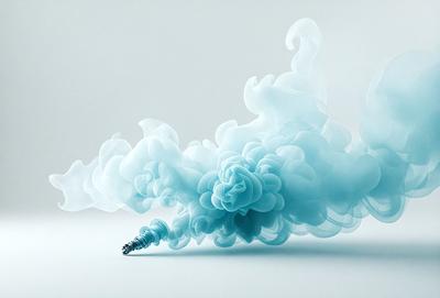 The primary subject of the image is a blue smoke or vapor, which appears to be a digital art or illustration. The setting is a white background, and the visual style gives the impression of a futuristic or surreal scene. The dominant colors are blue and white, creating a calm and serene atmosphere.