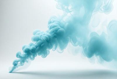 The primary subject of the image is a blue smoke or vapor, which appears to be a digital art or illustration. The setting is a white background, and the visual style gives the impression of a futuristic or surreal scene. The dominant colors are blue and white, creating a calm and serene atmosphere.