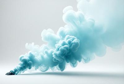 The primary subject of the image is a blue cloud or smoke, which appears to be a digital art or illustration. The setting is a white background, which provides a clean and minimalist appearance. The visual style is modern and creative, with the blue cloud as the main focus. The colors and mood of the image are predominantly blue, creating a sense of calmness and tranquility.