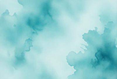 The primary subject of the image is a cloudy blue sky. The setting is a cloudy day, and the visual style is a watercolor painting. The dominant colors are blue and white, creating a calm and serene atmosphere.