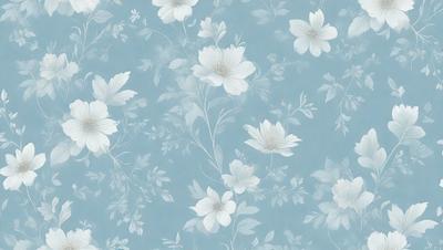 The primary subject of the image is a blue and white floral pattern, featuring white flowers on a blue background. The setting is a wall, and the visual style appears to be a combination of a photo and digital art. The dominant colors are blue and white, creating a calm and serene atmosphere.