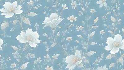 The primary subject of the image is a blue and white floral pattern, featuring white flowers and green leaves. The setting is a blue background, which complements the vibrant colors of the flowers. The visual style is a combination of digital art and illustration, creating a realistic and detailed representation of the floral pattern. The dominant colors are blue, white, and green, giving the image a calm and serene atmosphere.