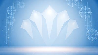 The primary subject of the image is a large, white, geometric shape, possibly a crystal or a diamond, with a blue background. The setting appears to be a stage or a performance area, as the shape is the main focus of the image. The visual style is a combination of digital art and illustration, creating a unique and eye-catching design. The colors and mood of the image are predominantly blue and white, giving it a clean and modern appearance.