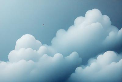 The primary subject of the image is a bird flying through a cloudy blue sky. The setting is a vast, open sky with clouds scattered throughout. The visual style is a combination of photo and digital art, creating a realistic yet artistic representation of the bird in flight. The colors and mood of the image are predominantly blue, with the clouds adding a touch of white and gray.