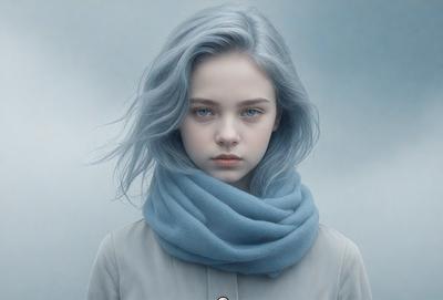 The primary subject of the image is a young woman with blue hair, wearing a blue scarf. She is looking at the camera with a serious expression. The setting is a cloudy sky, which serves as the backdrop for the scene. The visual style of the image is a digital art, with the woman's hair and the scarf being depicted in a detailed and realistic manner. The colors in the image are predominantly blue, giving the scene a calm and serene atmosphere.