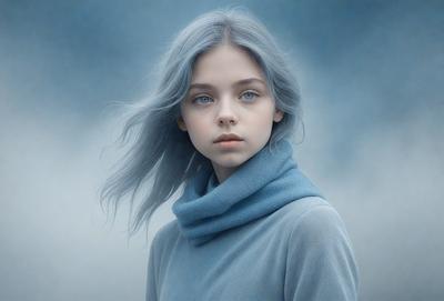 The primary subject of the image is a young woman with blue hair, wearing a blue sweater. She is standing in front of a blue background, which adds to the overall mood of the scene. The visual style of the image is a combination of photo and digital art, creating a unique and artistic representation of the woman. The colors and mood of the image are predominantly blue, giving it a calm and serene atmosphere.