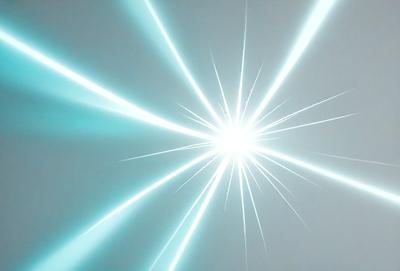 The primary subject of the image is a bright, colorful light source, possibly a lightning bolt or a laser beam, emanating from a central point. The light source is surrounded by a blue background, which adds to the vibrant and dynamic atmosphere of the scene. The visual style of the image is a combination of photo and digital art, creating a unique and eye-catching effect. The colors and mood of the image are predominantly bright and energetic, with the blue background providing a sense of