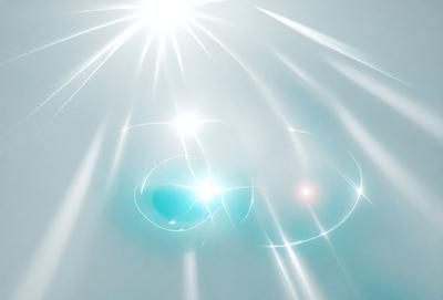 The primary subject of the image is a bright, colorful, and abstract light pattern. The setting is a cloudy sky, and the visual style is a combination of photo and digital art. The dominant colors are blue and white, creating a serene and calming atmosphere.