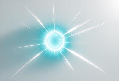 The primary subject of the image is a bright blue light, which appears to be a light source or a light bulb. The light is shining brightly, creating a visually striking scene. The setting is a white background, which provides a clean and minimalistic environment for the light to stand out. The visual style of the image is a close-up of the light source, emphasizing its brightness and intensity. The colors and mood of the image are predominantly blue, with the light source being the main focus and creating