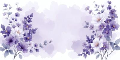 The primary subject of the image is a purple flower with a green stem. The setting is a white background, and the visual style is a watercolor painting. The dominant colors are purple and white, creating a calm and serene atmosphere.