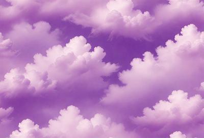 The image features a purple sky with clouds, creating a beautiful and serene atmosphere. The clouds are scattered throughout the sky, with some appearing larger and more prominent than others. The overall visual style of the image is a combination of photo and digital art, giving it a unique and artistic appearance. The dominant colors in the image are purple and white, which contribute to the calming and peaceful mood of the scene.