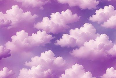 The image features a purple sky filled with clouds, creating a beautiful and serene atmosphere. The clouds are scattered throughout the sky, with some appearing larger and more prominent than others. The overall visual style of the image is a combination of photo and digital art, creating a unique and captivating scene. The colors in the image are predominantly purple, which adds to the calming and peaceful mood of the image.