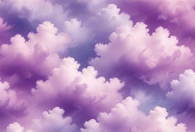The primary subject of the image is a purple cloudy sky with a variety of cloud formations. The setting is a purple and white cloudy sky, which creates a serene and calming atmosphere. The visual style of the image is a combination of photo and digital art, as it captures the beauty of the clouds in a unique and artistic manner. The colors and mood of the image are predominantly purple and white, giving it a soothing and peaceful vibe.