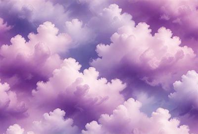 The primary subject of the image is a purple cloudy sky with a variety of cloud formations. The setting is a purple and white cloudy sky, which creates a serene and calming atmosphere. The visual style of the image is a combination of photo and digital art, as it captures the beauty of the clouds in a unique and artistic manner. The colors and mood of the image are predominantly purple and white, giving it a soothing and peaceful vibe.