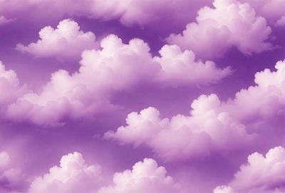The image features a purple sky with clouds, creating a beautiful and serene atmosphere. The clouds are scattered throughout the sky, with some appearing larger and more prominent than others. The overall visual style of the image is a combination of photo and digital art, giving it a unique and artistic appearance. The dominant colors in the image are purple and white, which contribute to the calming and peaceful mood of the scene.