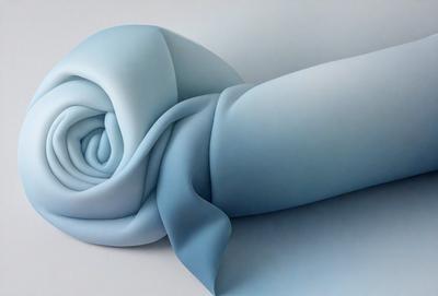 The primary subject of the image is a blue fabric, possibly a piece of cloth or a blanket, that is rolled up and placed on a white surface. The setting appears to be a studio or a workspace, as the fabric is neatly arranged and displayed. The visual style of the image is a combination of photo and digital art, as it captures the details of the fabric while also showcasing the artist's creative touch. The colors and mood of the image are predominantly blue, which gives it a calm