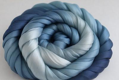 The primary subject of the image is a blue and white yarn ball. The setting is a white background, and the visual style is a close-up of the yarn ball. The colors and mood of the image are predominantly blue and white, giving it a calm and serene atmosphere.