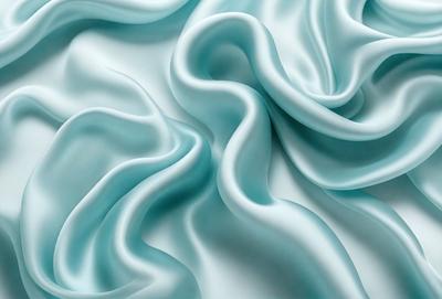 The primary subject of the image is a close-up of a blue fabric, possibly a piece of silk, with a flowing and swirling pattern. The setting is a white background, which contrasts with the blue fabric. The visual style appears to be a photo, showcasing the intricate details of the fabric. The colors and mood of the image are predominantly blue, creating a sense of calmness and elegance.