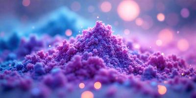 The primary subject of the image is a pink, purple, and blue colored substance, which appears to be a powder or a pinkish substance. The setting is a brightly lit environment, possibly a studio or a room with a lot of light. The visual style of the image is a close-up of the substance, which gives it a digital art or illustration appearance. The colors and mood of the image are vibrant and lively, with the pink, purple, and blue colors