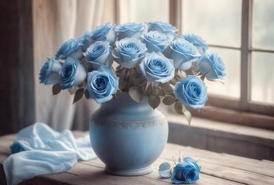 The primary subject of the image is a vase filled with blue roses. The vase is placed on a wooden table, and the blue roses are the main focus of the scene. The setting appears to be a cozy and intimate space, with the blue roses adding a touch of elegance and tranquility to the environment. The visual style of the image is a close-up of the vase and the blue roses, emphasizing their beauty and detail. The colors and mood of the image are predomin