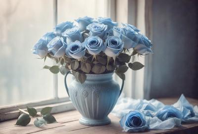 The primary subject of the image is a vase filled with blue roses. The vase is placed on a wooden table, and the setting appears to be indoors, possibly in a room with a window. The visual style of the image is a photo, capturing the beauty of the blue roses and the vase. The colors and mood of the image are predominantly blue, creating a serene and calming atmosphere.