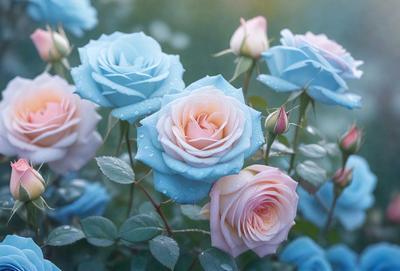 The primary subject of the image is a bouquet of blue and pink roses. The setting is a garden, with the flowers blooming in a field. The visual style is a photo, capturing the beauty of the flowers in their natural environment. The dominant colors are blue and pink, creating a serene and calming atmosphere.
