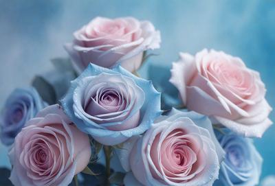 The primary subject of the image is a bouquet of pink and blue roses. The setting is a blue background, which creates a visually appealing contrast with the roses. The visual style is a close-up of the flowers, showcasing their details and beauty. The colors and mood of the image are predominantly pink and blue, giving it a serene and romantic atmosphere.