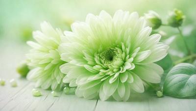 The primary subject of the image is a large, green flower with a white center. The flower is prominently displayed in the foreground, with a white background behind it. The visual style of the image is a close-up of the flower, showcasing its details and beauty. The colors and mood of the image are vibrant and lively, with the green and white flower being the focal point of the scene.