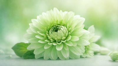 The primary subject of the image is a large, green flower with a white center. The flower is prominently displayed in the foreground, with a white background behind it. The visual style of the image is a close-up of the flower, showcasing its details and texture. The colors and mood of the image are predominantly green and white, creating a serene and natural atmosphere.