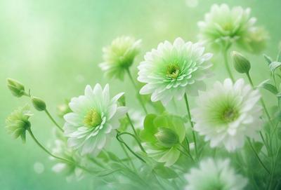The primary subject of the image is a group of white flowers with green leaves, which are the main objects in the scene. The flowers are arranged in a visually appealing manner, creating a sense of harmony and beauty. The setting is a lush green field, which serves as the backdrop for the flowers. The visual style of the image is a combination of photo and digital art, resulting in a vibrant and realistic representation of the flowers. The colors and mood of the image are predominantly green and white,