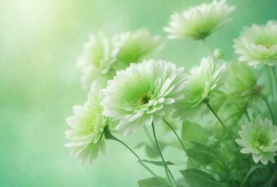 The primary subject of the image is a group of white flowers with green centers, which are blooming in a green field. The setting is a lush green environment, and the visual style appears to be a photo of the flowers in their natural habitat. The colors and mood of the image are predominantly green and serene, as the flowers are the main focus of the scene.