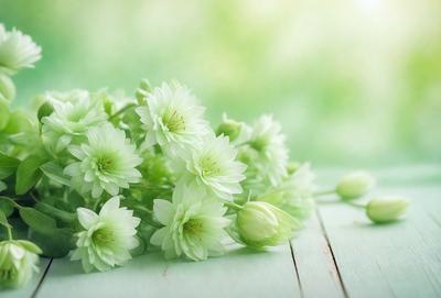 The primary subject of the image is a bouquet of white flowers, which are the main focus of the scene. The flowers are arranged on a table, creating a visually appealing display. The setting is a green background, which adds a natural and fresh touch to the scene. The visual style of the image is a photo, capturing the beauty of the flowers in their natural environment. The colors and mood of the image are predominantly white, giving it a clean and serene atmosphere.