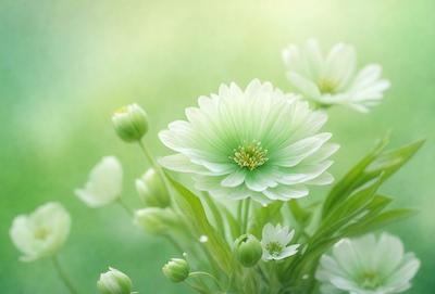 The primary subject of the image is a beautiful white flower with green accents, surrounded by a lush green field. The visual style of the image is a combination of photo and digital art, creating a vibrant and realistic representation of the flower. The colors and mood of the image are predominantly green and white, giving it a fresh and serene atmosphere.