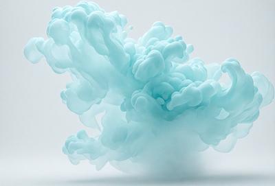 The primary subject of the image is a blue, swirling, and cloudy mass of smoke or vapor. The setting is a white background, which provides a clean and uncluttered environment for the visual style. The image appears to be a digital art or illustration, as it captures the movement and fluidity of the blue mass. The dominant colors are blue and white, creating a sense of depth and motion in the scene.