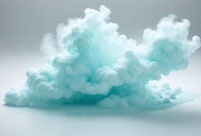 The primary subject of the image is a large, blue, cloud-like object. The setting is a white background, which provides a clean and minimalistic appearance. The visual style is a combination of photo and digital art, creating a unique and artistic representation of the cloud. The dominant colors are blue and white, giving the image a calm and serene atmosphere.