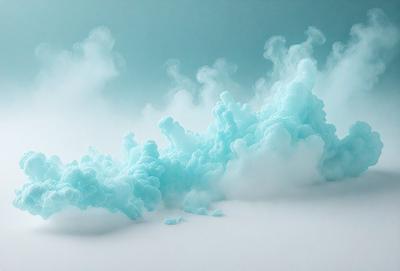 The primary subject of the image is a cloud of smoke or steam, which is floating in the air. The setting is a white background, which provides a clean and minimalistic appearance. The visual style is a combination of photo and digital art, creating a unique and artistic representation of the cloud. The colors and mood of the image are predominantly blue, giving it a cool and calming atmosphere.