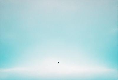 The primary subject of the image is a small black dot in the middle of a vast, empty blue sky. The setting is a cloudless day with no visible landmarks or objects. The visual style is a simple, minimalist representation of the sky, with no additional elements or distractions. The colors and mood convey a sense of tranquility and openness, as the black dot stands out against the vast expanse of the blue sky.