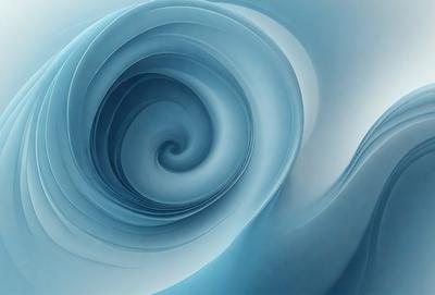 The primary subject of the image is a spiral pattern, which is a blue and white design. The setting is a blue background, and the visual style appears to be a digital art or illustration. The colors and mood of the image are predominantly blue and white, creating a calm and serene atmosphere.