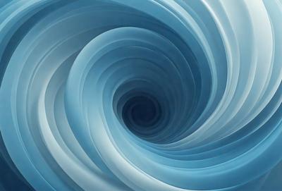 The primary subject of the image is a blue spiral, which appears to be a part of a larger blue and white pattern. The setting is a blue background, and the visual style is a combination of a photo and digital art. The dominant colors are blue and white, creating a calm and serene atmosphere.