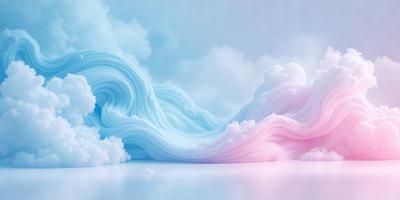 The primary subject of the image is a large, flowing wave that appears to be made of clouds. The wave is pink and blue, creating a visually striking scene. The setting is a cloudy sky, which serves as the backdrop for the wave. The visual style of the image is digital art, as it is a computer-generated representation of a wave. The dominant colors of the image are pink and blue, giving it a vibrant and lively atmosphere.