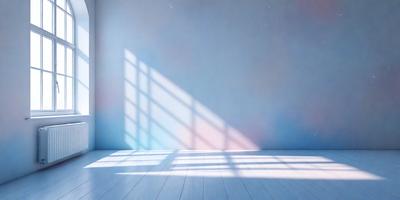 The primary subject of the image is a room with a white wall and a wooden floor. The setting is a room with a window, and the visual style is a photo. The colors and mood of the image are predominantly white, creating a clean and minimalist atmosphere.