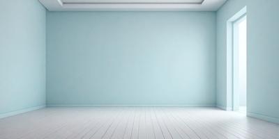 The primary subject of the image is a large, empty white room with a blue wall. The setting is a clean, minimalistic space, and the visual style is a photo. The colors and mood of the room are predominantly white and blue, creating a calm and serene atmosphere.