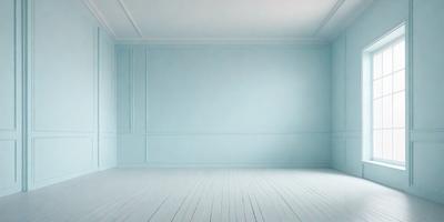 The primary subject of the image is a large, empty room with a blue wall. The setting is a white room with a wooden floor. The visual style is a photo, and the colors and mood are predominantly blue, creating a calm and serene atmosphere.