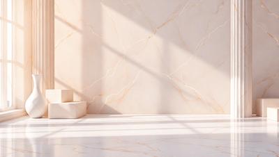 The primary subject of the image is a white marble wall with a patterned texture. The setting is a room with a white floor, and the visual style is a photo. The colors and mood of the image are predominantly white, giving it a clean and minimalist appearance.
