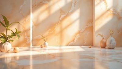The primary subject of the image is a white marble wall with a sunlit window behind it. The setting is a room with a white marble floor. The visual style is a photo, and the colors and mood are predominantly white, giving the scene a clean and bright appearance.